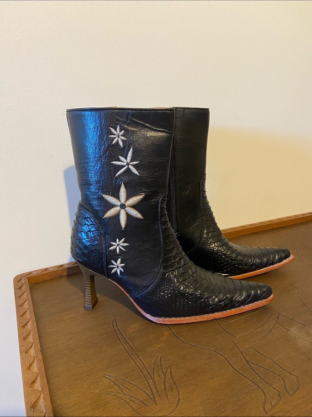 Black Embroidered Pointed-Toe Leather Ankle Boots